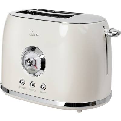 Ein cremefarbener Toaster mit einem Zifferblatt, drei Knöpfen für 'Defrost', 'Reheat' und 'Cancel', und einem Hebel an der Seite.