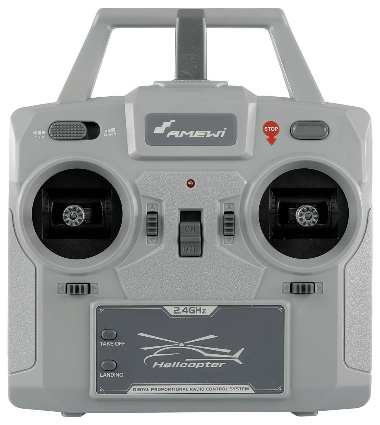 Eine Fernbedienung für Hubschrauber mit zwei Steuerknüppeln, Ein/Aus-Schalter, Stopptaste und Hubschrauber-Abbildung.