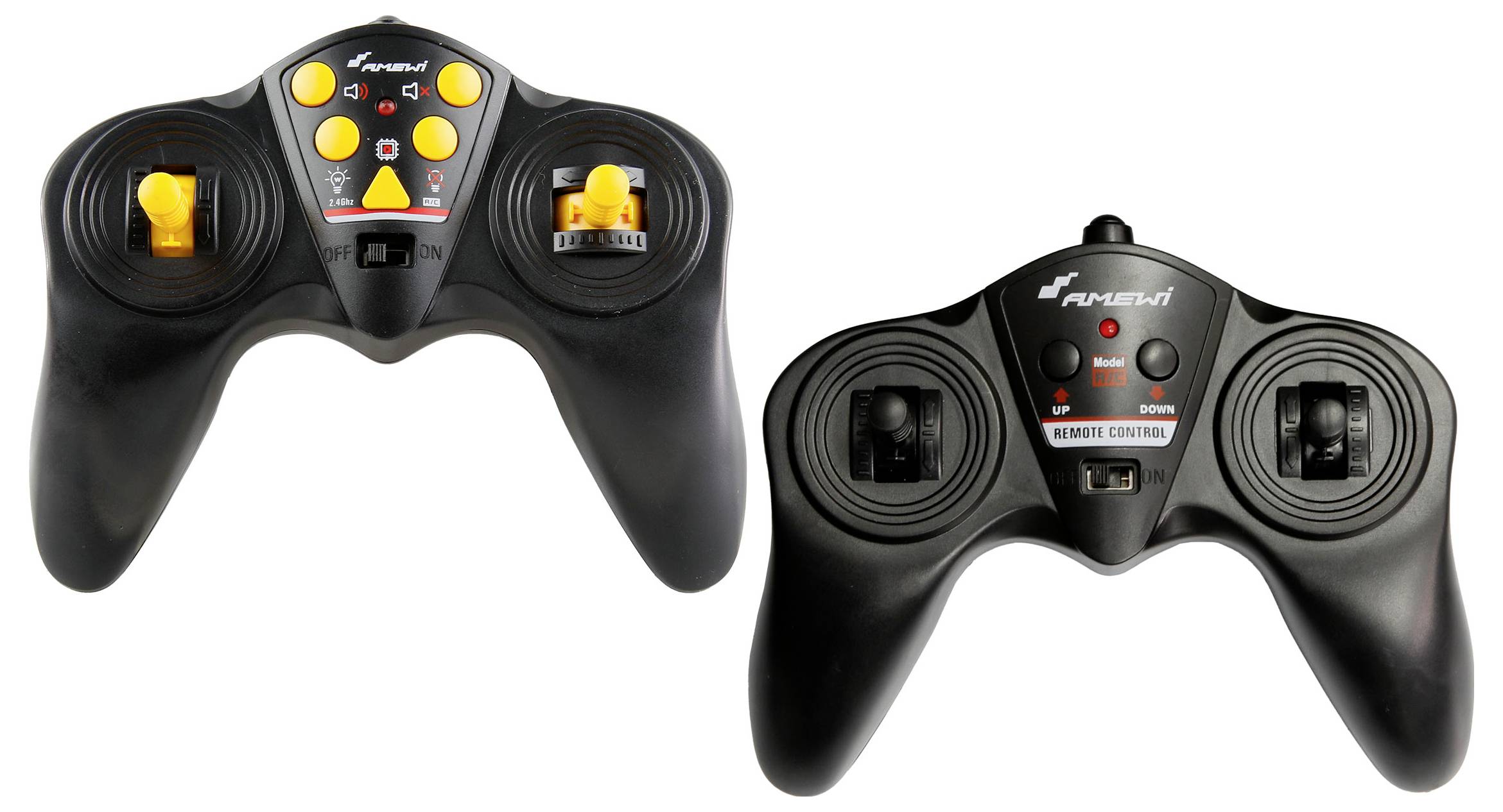 Zwei schwarze Spiel-Controller mit Tasten und Joysticks, einer mit gelben Knöpfen und einem roten Hebel, der andere mit einem USB-Anschluss.