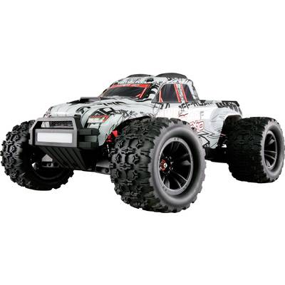 Ein ferngesteuertes Auto mit großen, robusten Reifen und einem sportlichen Karosseriedesign auf weißem Hintergrund.