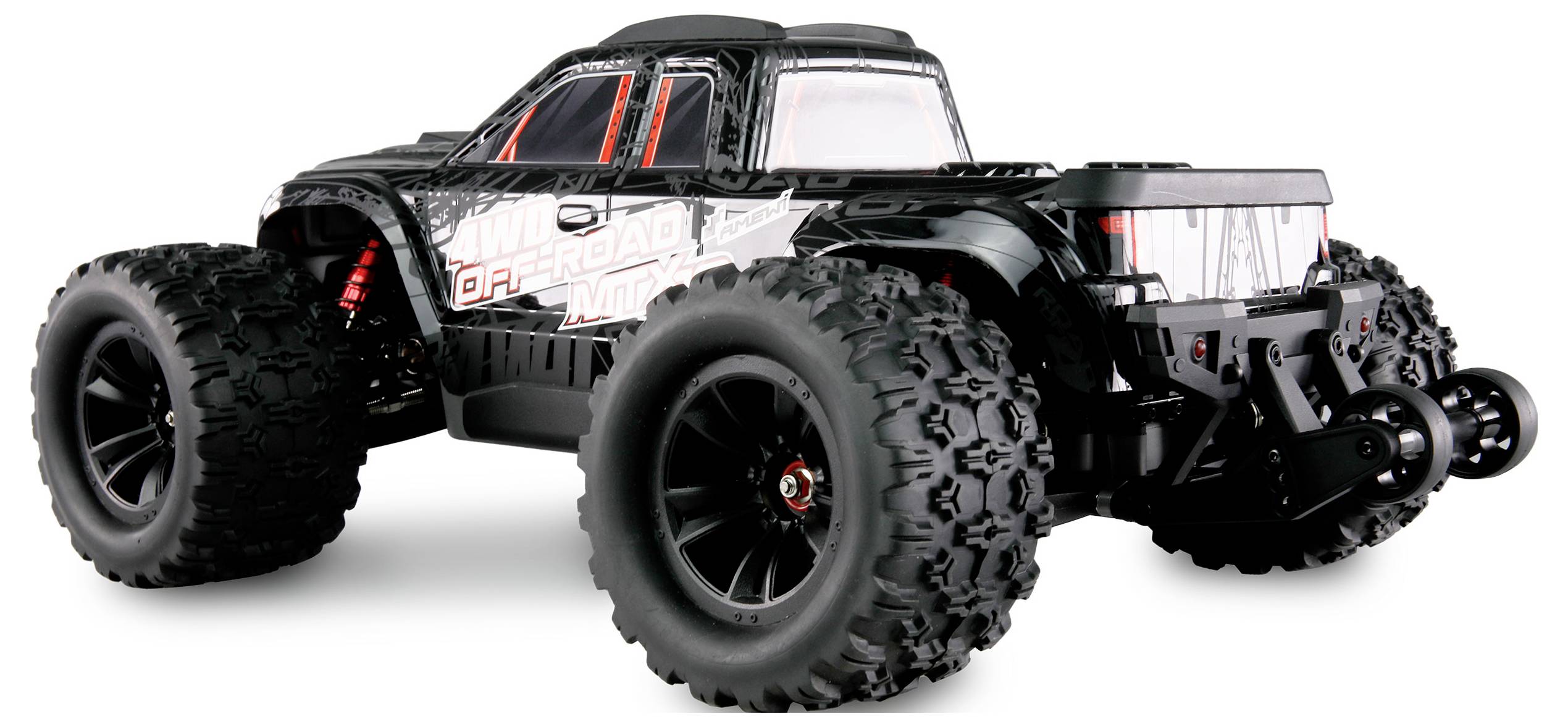 Ein schwarz-rotes ferngesteuertes Geländefahrzeug mit großen Rädern, abgebildet von hinten, betont robustes Design und Offroad-Fähigkeit.