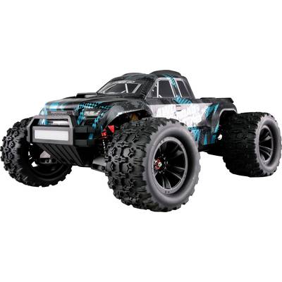 Ferngesteuertes Spielzeugauto mit großen, strukturierten Reifen und schwarzem Chassis, dekoriert mit blauen und weißen Mustern.