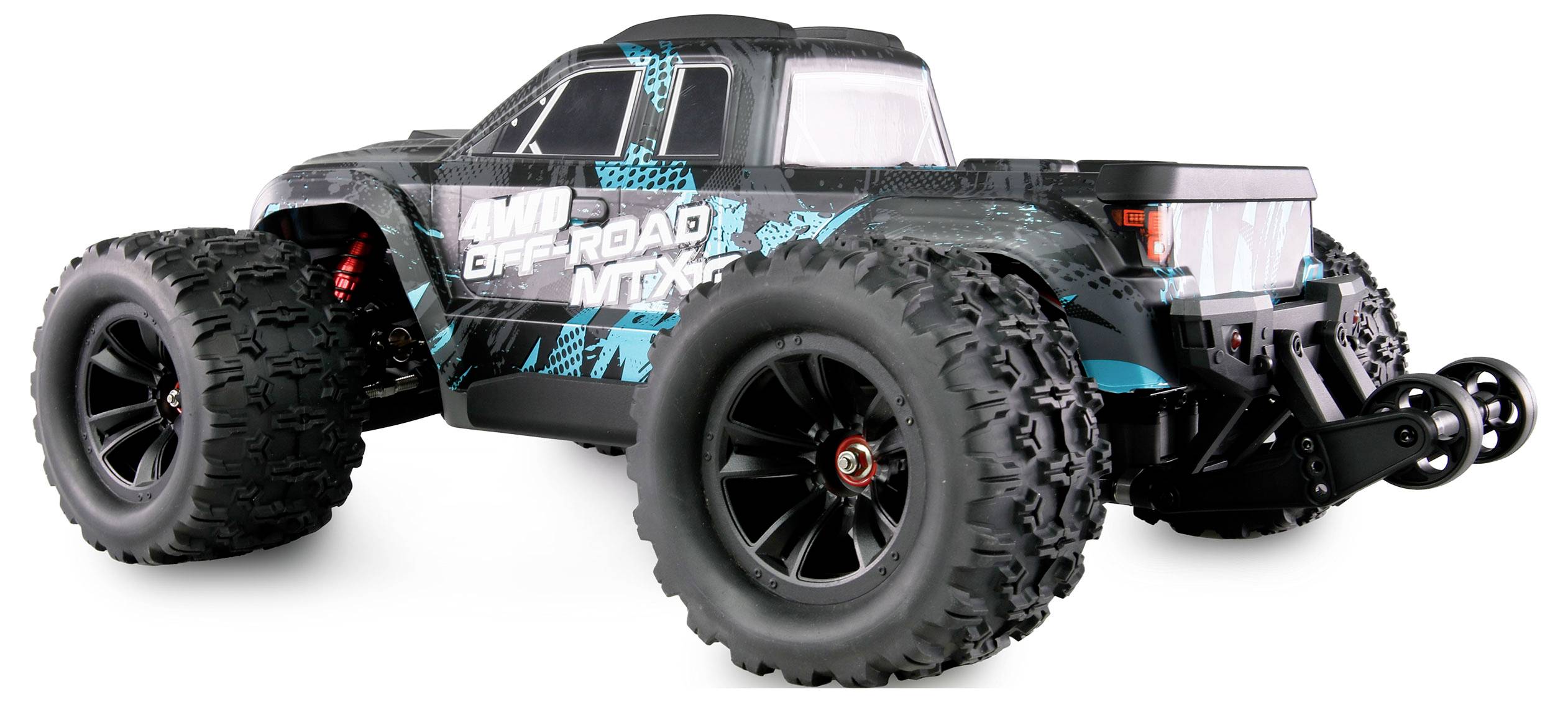 Ein ferngesteuertes Off-Road-Spielzeugauto mit großen Reifen und robustem Design, geeignet für unebenes Gelände und Outdoor-Abenteuer.