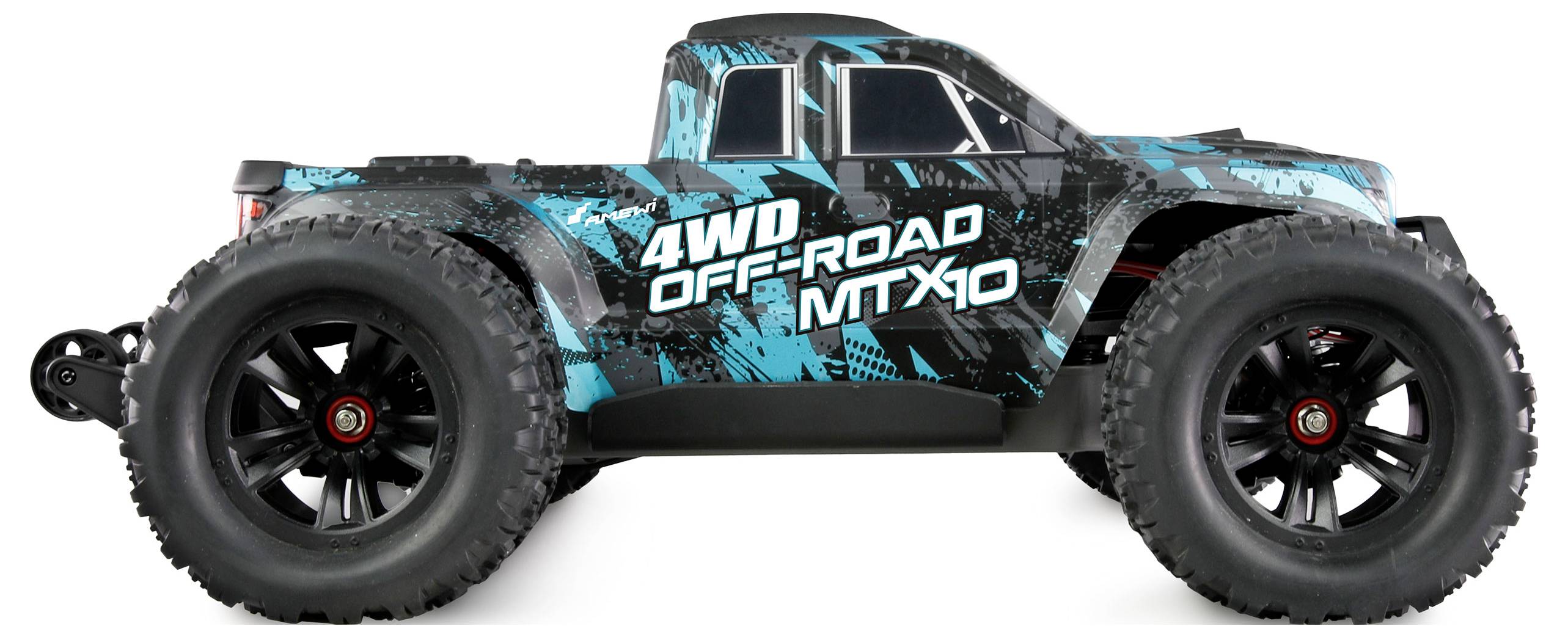 Ein schwarzer Offroad-Spielzeugtruck mit blauen und weißen Akzenten, markiert mit '4WD OFF-ROAD MTX10', auf weißem Hintergrund.