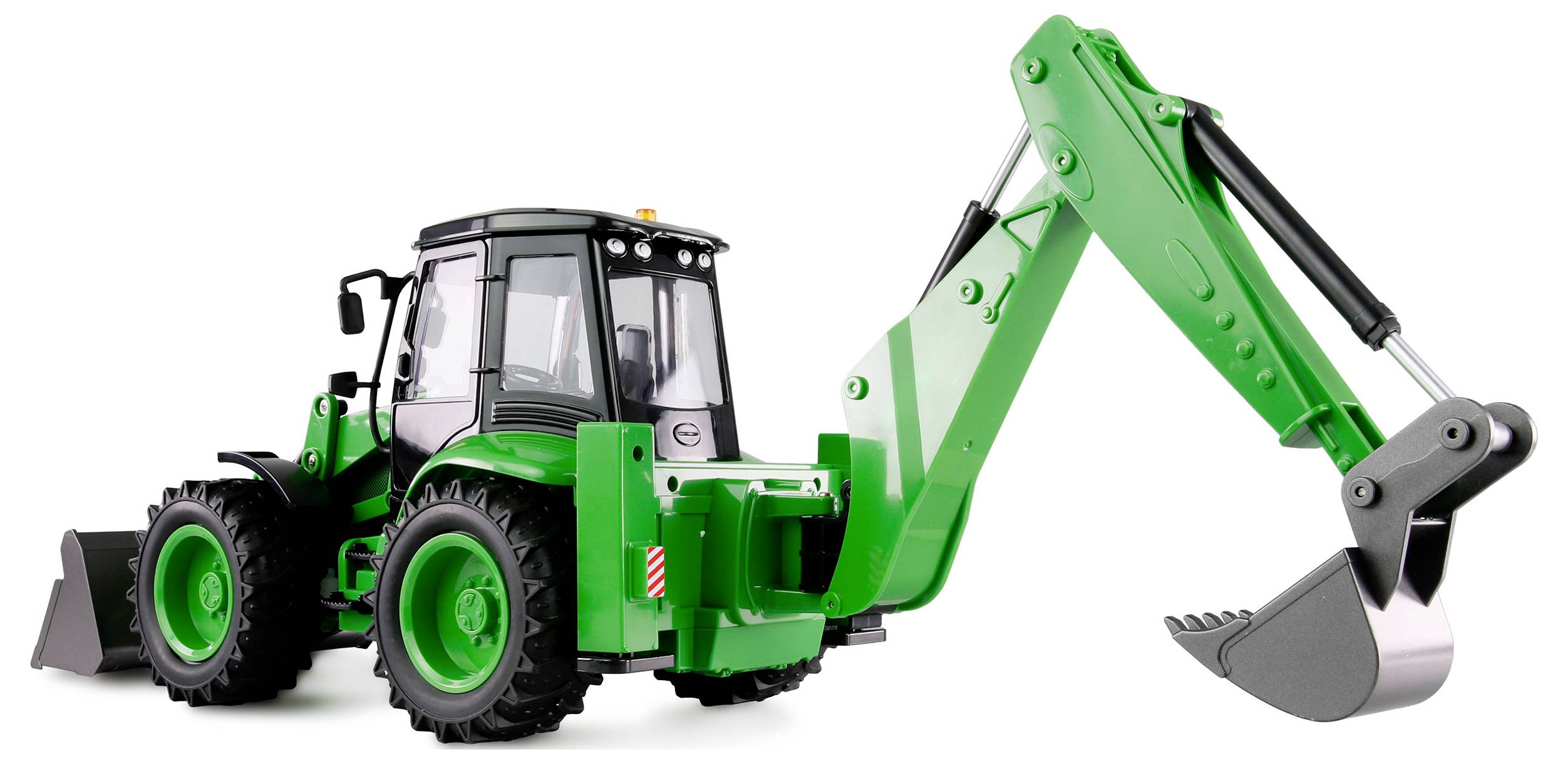 Ein grüner Baggerlader mit Schaufel und Grabarm, zeigt robuste Konstruktion. Der Fokus liegt auf der Vielseitigkeit des Arbeitsgeräts.