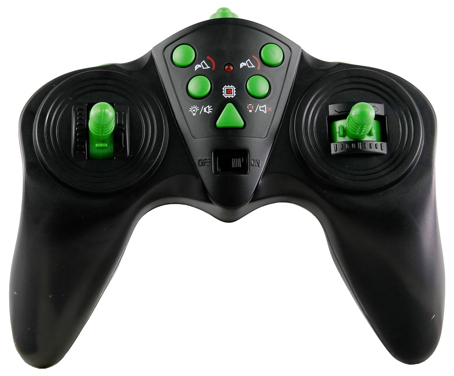 Schwarzer Spielcontroller mit grünen Knöpfen und Joysticks, links und rechts jeweils ein Joystick, in der Mitte grüne Funktionsknöpfe.