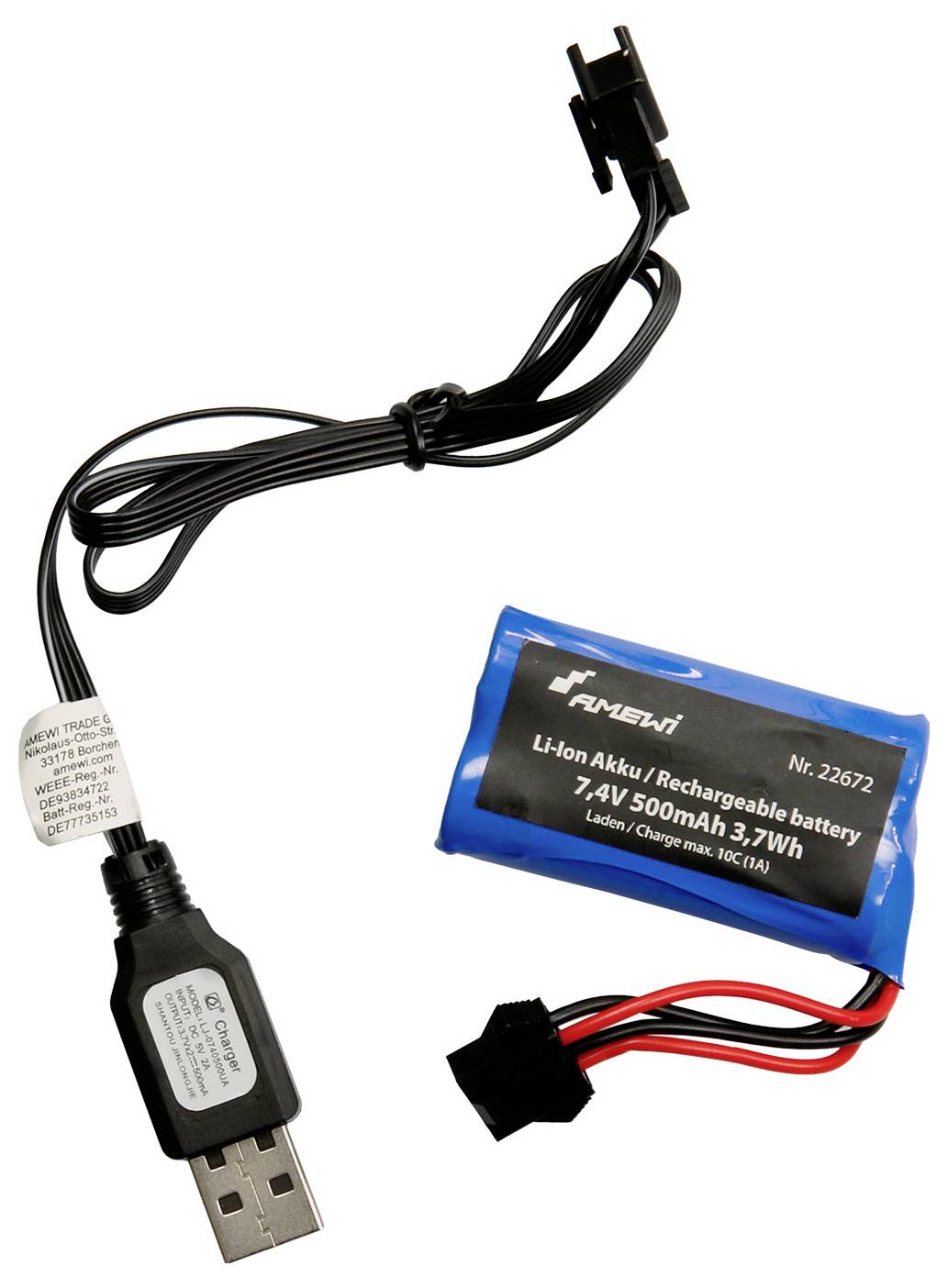 USB-Ladekabel und blauer Li-Ion-Akku mit 650mAh Kapazität und 3,7V für ferngesteuerte Geräte, verbunden durch schwarzes Kabel.