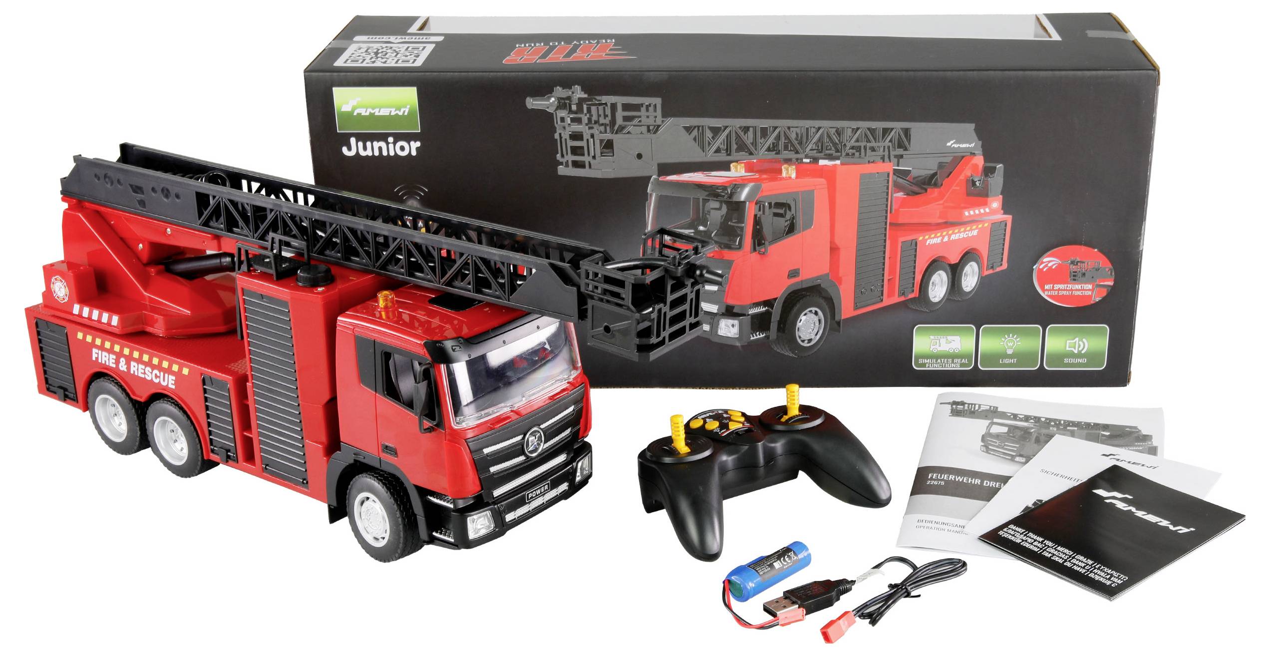 Rotes ferngesteuertes Feuerwehrauto mit ausziehbarer Leiter, Fernbedienung, Ladegerät und Anleitung, abgebildet vor der Verpackung.