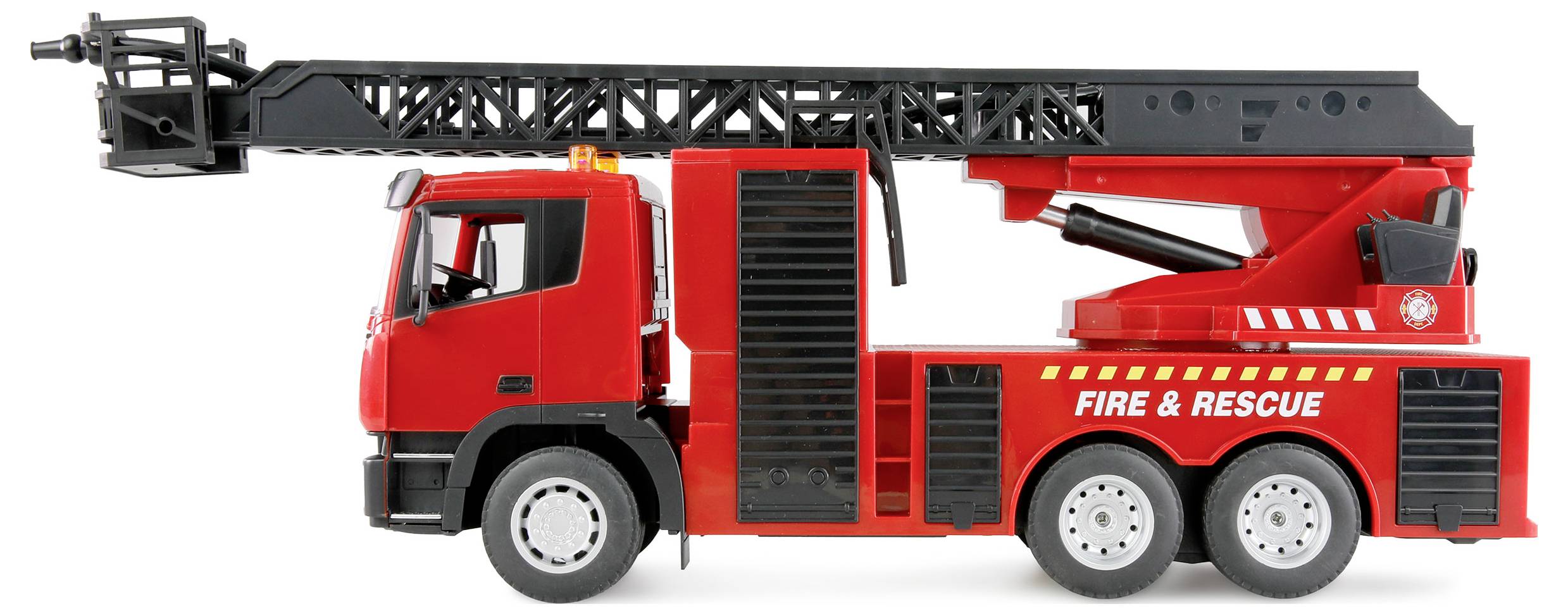 Spielzeug-Feuerwehrauto mit ausziehbarer Leiter und rot-schwarzen Details, markiert mit 'Fire & Rescue'.
