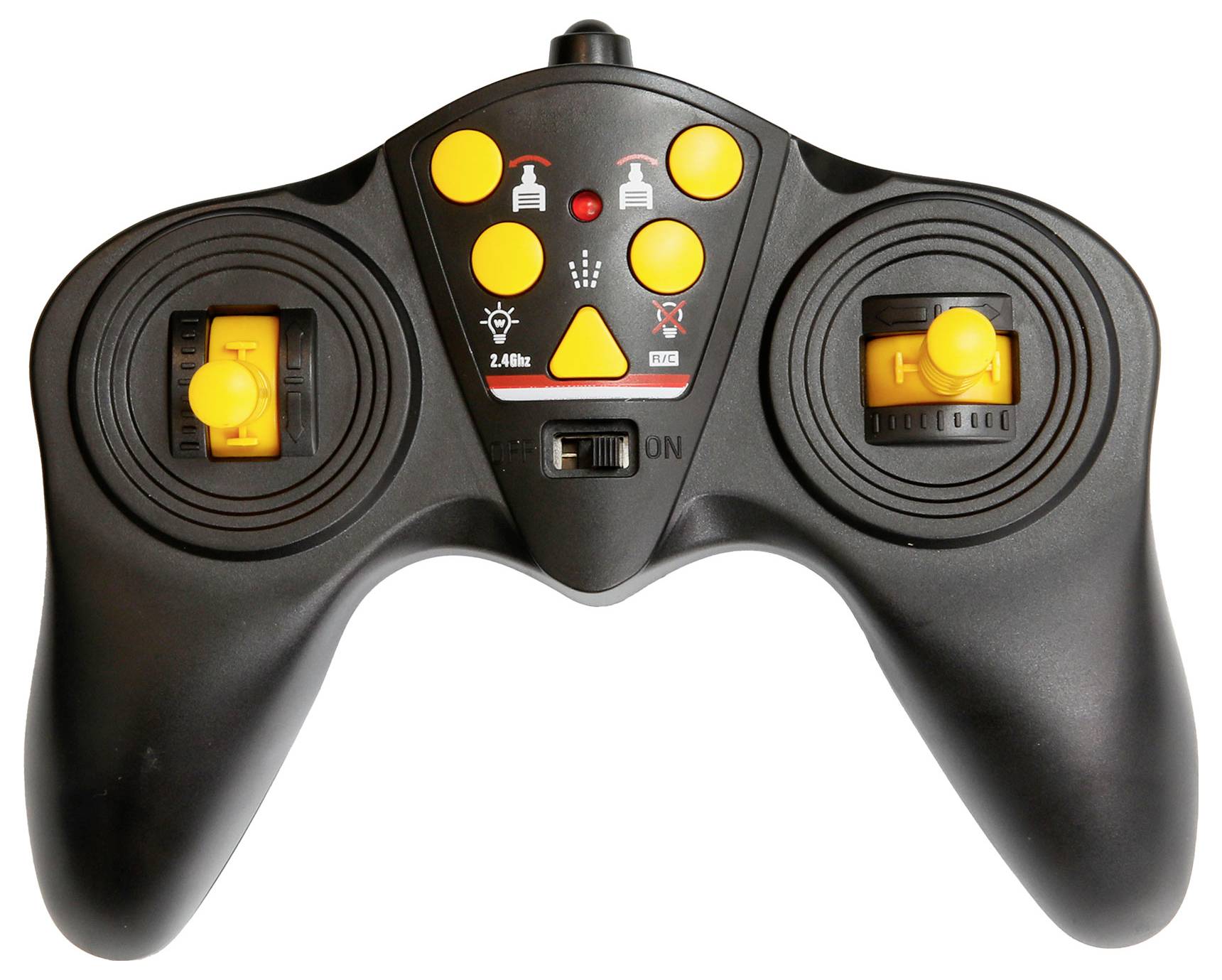 Schwarzer RC-Controller mit gelben Joysticks und Tasten, geeignet für ferngesteuerte Flugzeuge oder Fahrzeuge, Ansicht von oben.