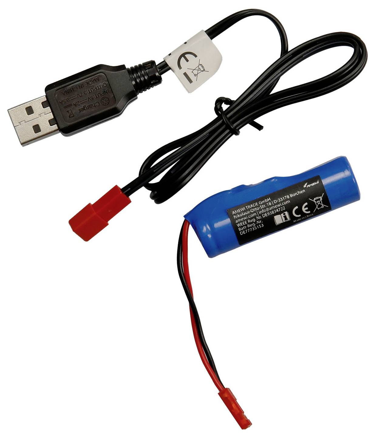 Ladegerät mit USB-Anschluss und blauem Akku mit rotem Stecker. Kabel verbinden Akku und USB-Anschluss. CE-Symbol auf dem Akku.