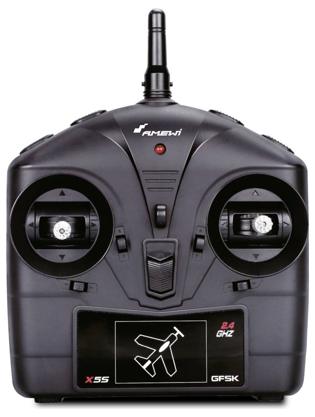 Eine Fernsteuerung für Modellflugzeuge mit zwei Steuerknüppeln, mehreren Knöpfen und einer kleinen Antenne oben.