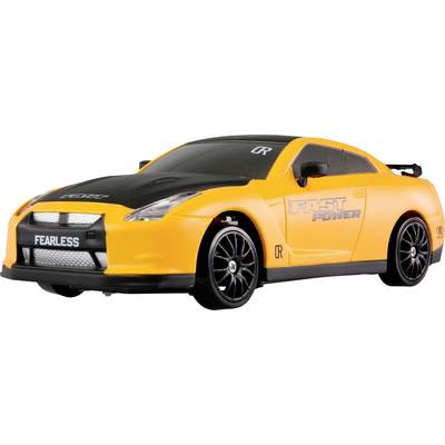 Ein gelbes Spielzeugauto mit der Aufschrift 'FAST POWER' und 'FEARLESS' auf der Front. Es hat schwarze Akzente und sportliches Design.