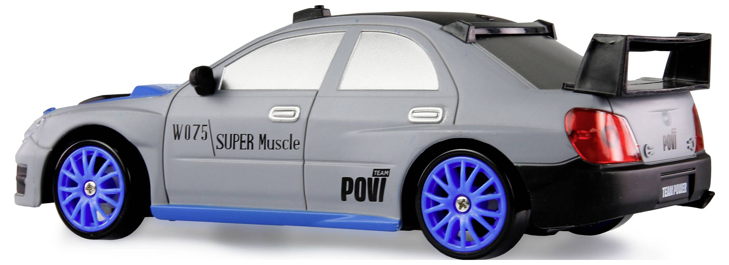 Ein silberblaues Spielzeugauto mit blauen Felgen und Spoiler. Aufdruck: 'W075 Super Muscle', 'POV'. Modell eines Sportwagens.