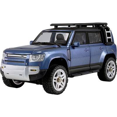 Blaues SUV-Modellauto mit schwarzen Akzenten und silbernen Felgen, Seitenansicht, zeigt Details wie Dachträger und robuste Räder.