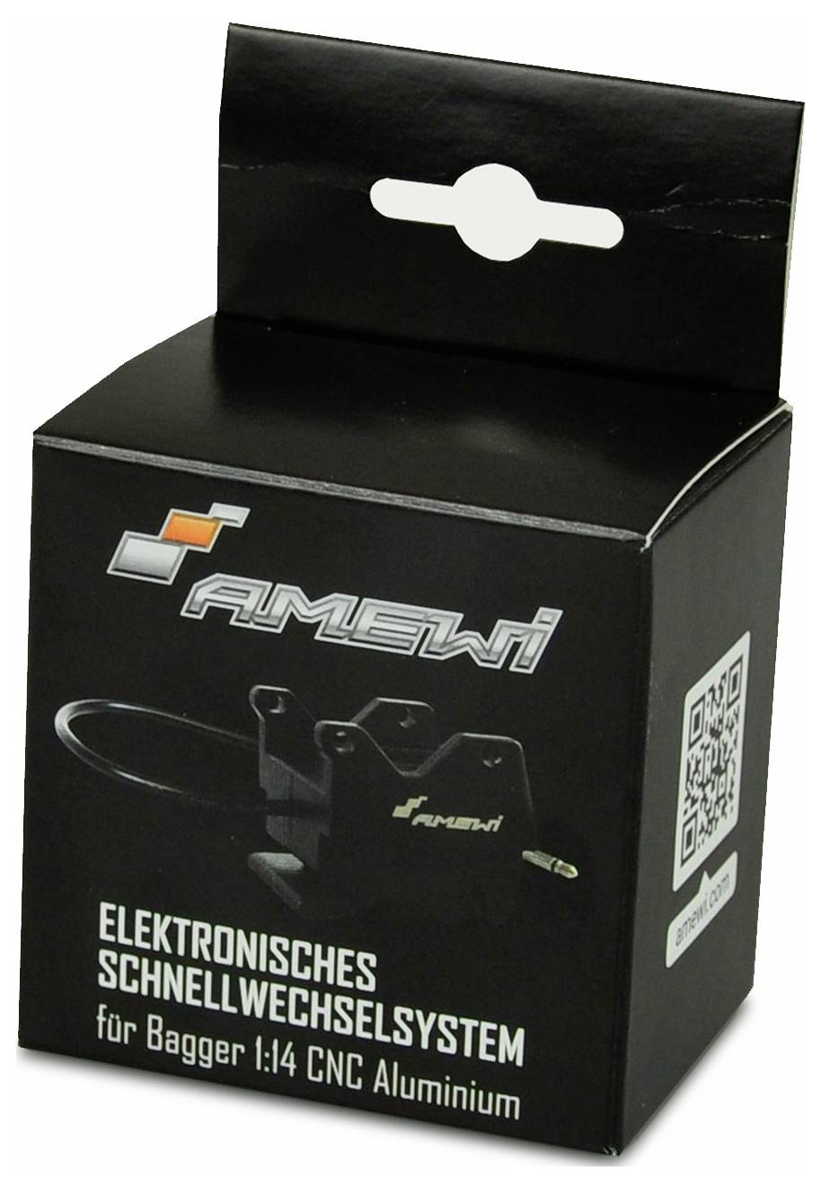 Eine schwarze Verpackung mit der Aufschrift 'Elektronisches Schnellwechselsystem für Bagger 1:14 CNC Aluminium' und einem QR-Code.