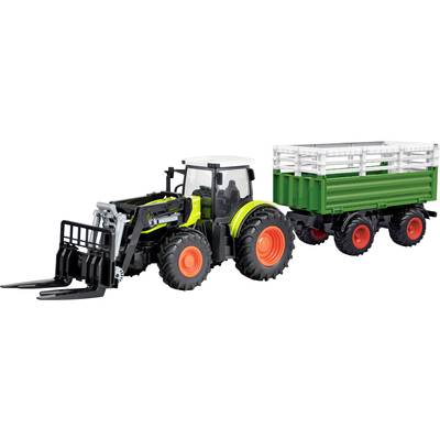 Ein Modelltraktor mit Anhänger in grün und schwarz mit orangefarbenen Rädern. Der Anhänger hat offene Seitenwände.