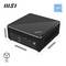 Schwarzer Mini-PC mit MSI- und Intel-Logo, USB-Anschlüssen und Abmessungen 11,2 x 11,6 x 5,7 cm. Volumen: 0,7 Liter.