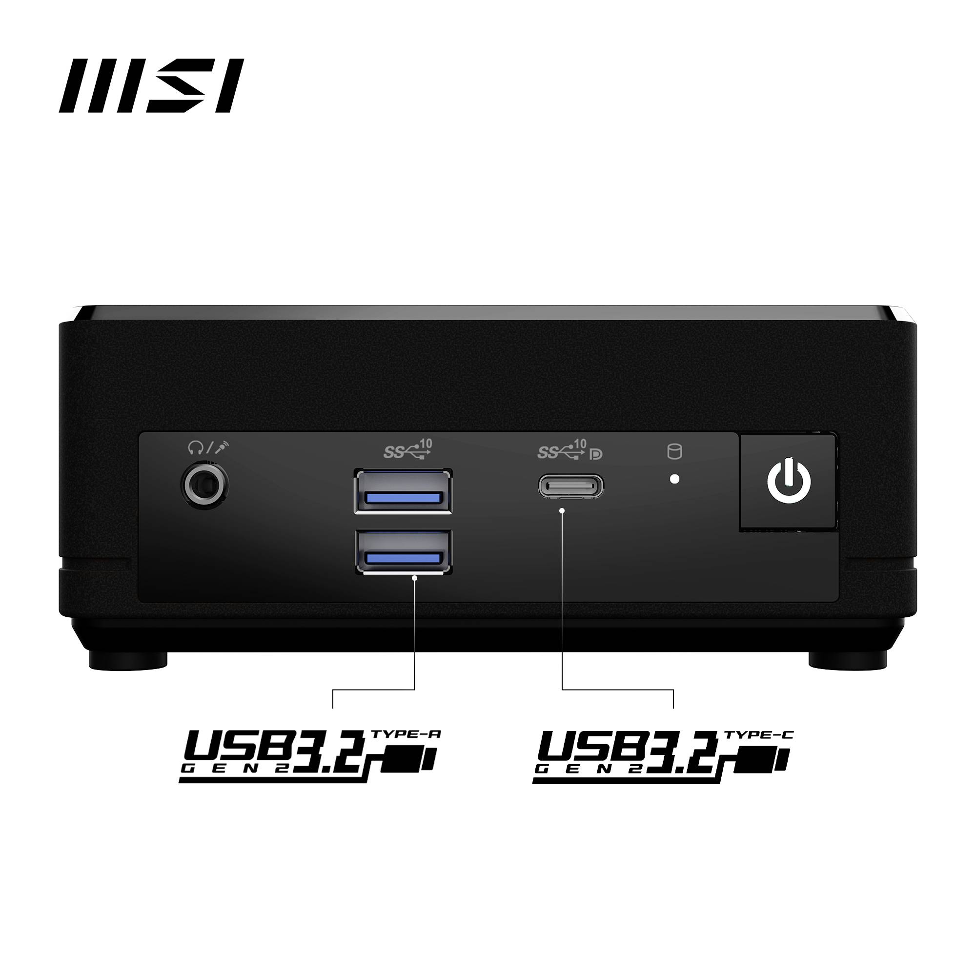 Schwarzer Mini-PC von vorne, mit zwei USB-3.2-Typ-A- und einem USB-3.2-Typ-C-Anschluss. Netzschalter rechts. MSI-Logo oben links.