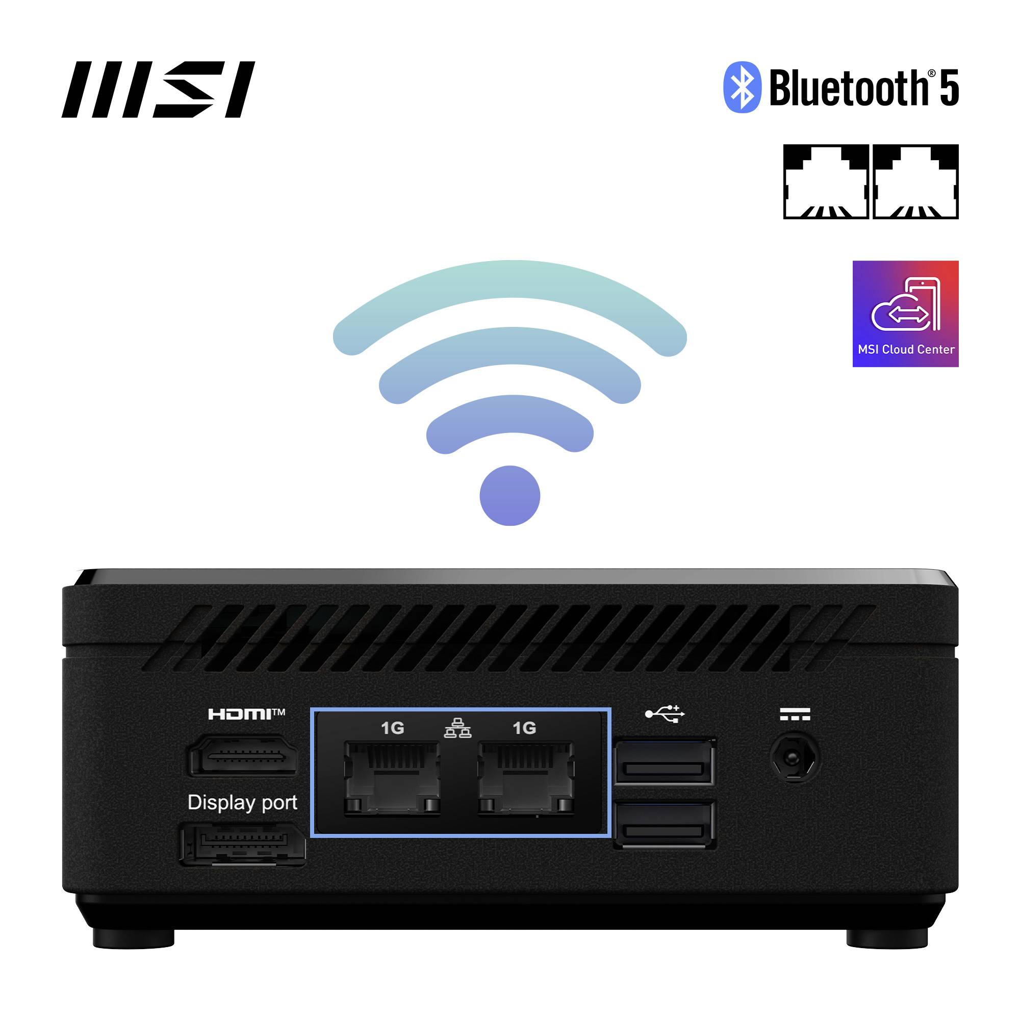 Kleiner schwarzer Computer mit zwei Ethernet-Anschlüssen, HDMI- und Display-Port. WLAN-Symbol oben. Markenlogos und Bluetooth 5-Symbol vorhanden.