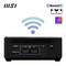 Kleiner schwarzer Computer mit zwei Ethernet-Anschlüssen, HDMI- und Display-Port. WLAN-Symbol oben. Markenlogos und Bluetooth 5-Symbol vorhanden.