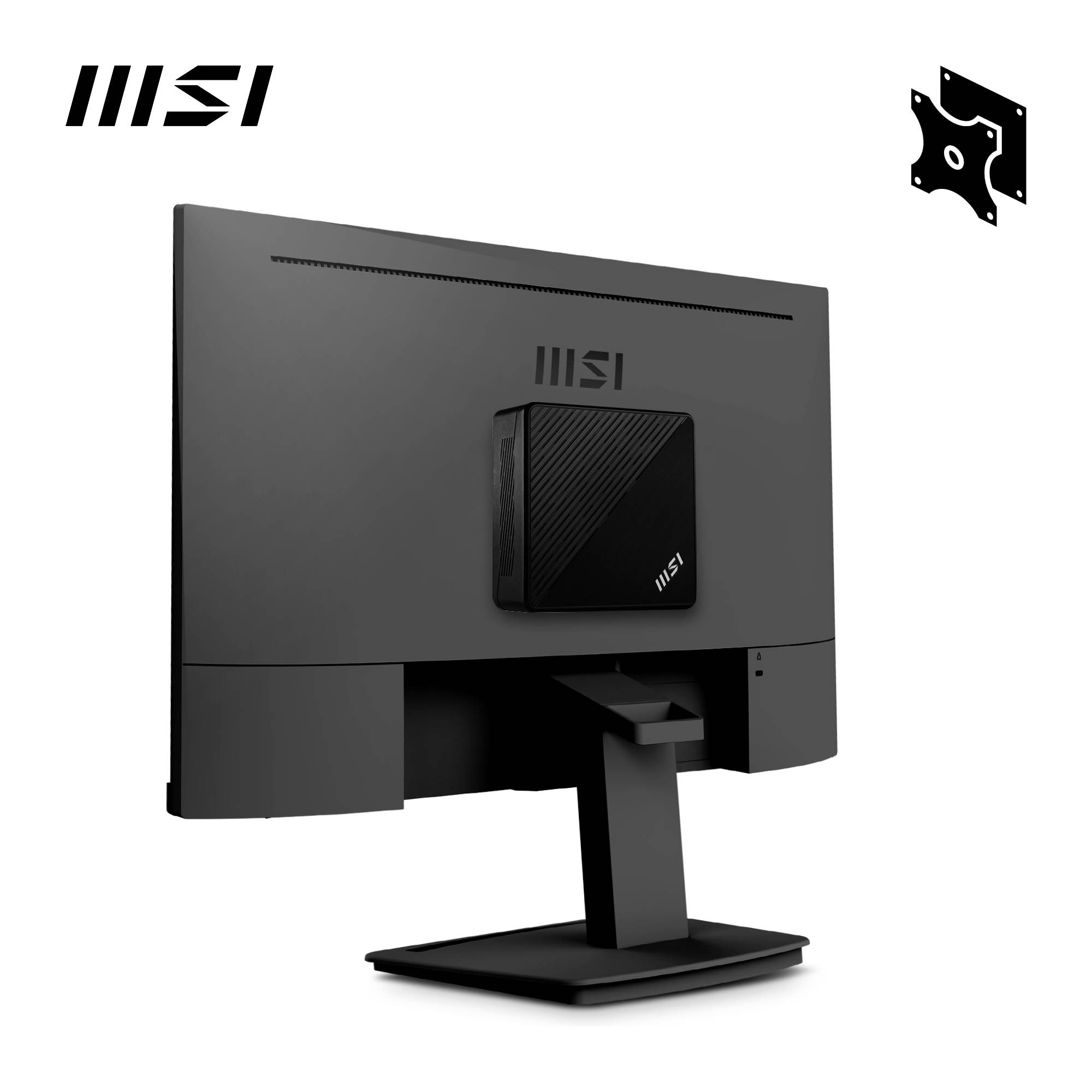 Ein schwarzer Monitor von MSI, Rückansicht gezeigt, mit einem angebrachten Computergehäuse. Ein VESA-Adapter ist oben rechts abgebildet.