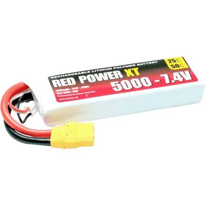 'Lithium-Polymer-Akku, Red Power XT, 5000mAh, 7.4V, 25C, mit gelbem XT-Stecker und roten/schwarzen Kabeln.'