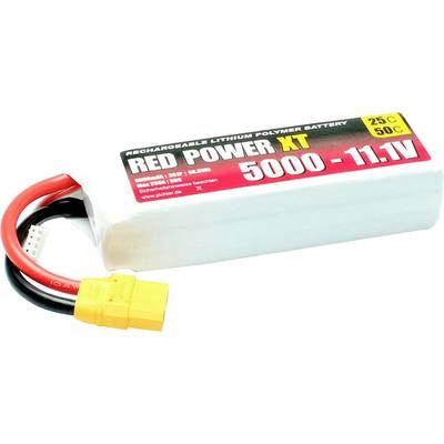 Lithium-Polymer-Akku mit Beschriftung 'RED POWER XT 5000 - 11.1V'. Zeigt Kapazität, Spannung und Entladungsrate.