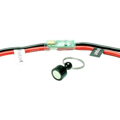 Ein rotes Kabel mit einem elektrischen Modul und einem schwarzen Magneten mit Schlüsselring. Auf den Kabeln stehen 'Input' und 'Output'.