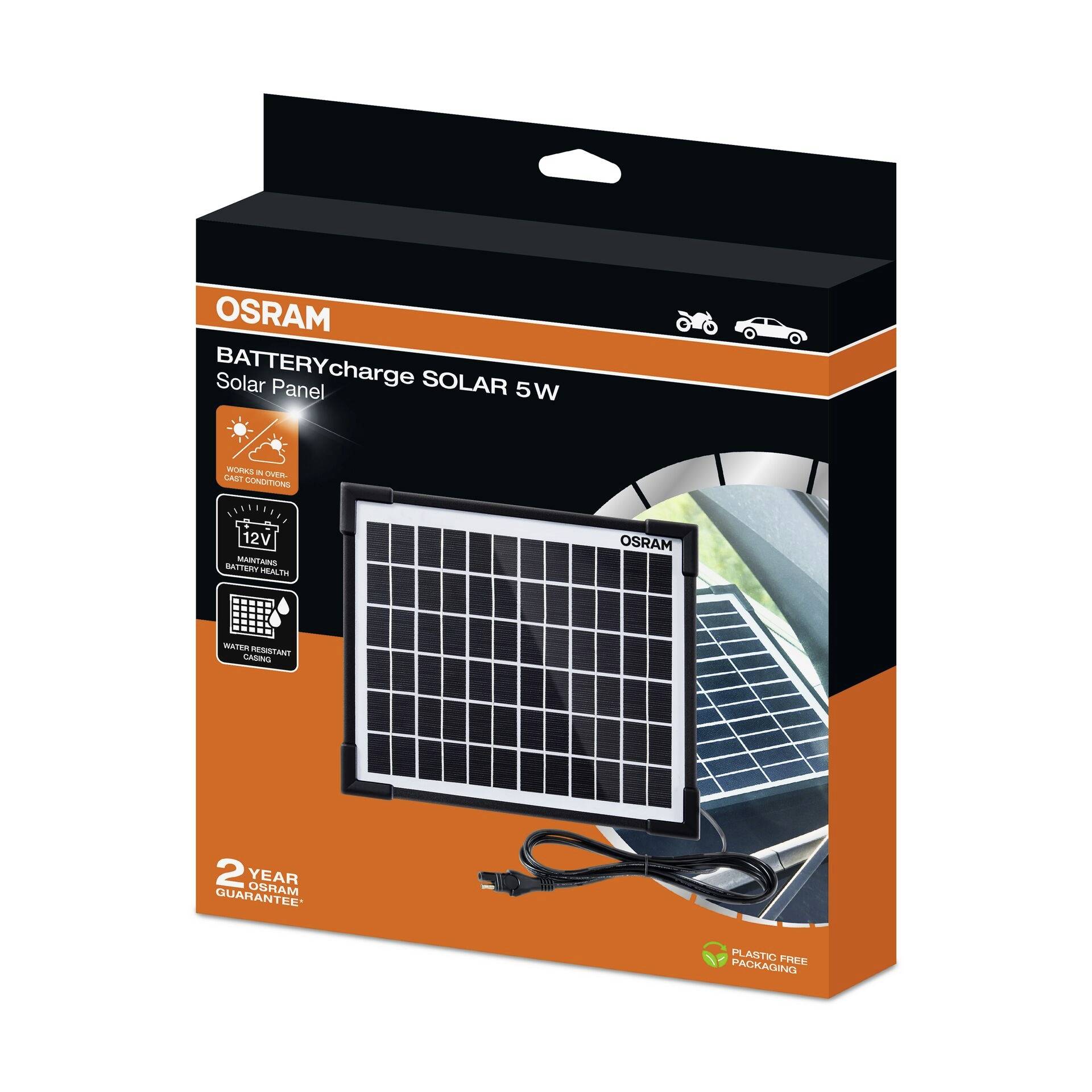Osram Solar-Panel-Verpackung, Produktname 'BATTERYcharge SOLAR 5 W', zur Aufladung von Fahrzeugbatterien, zwei Jahre Garantie.