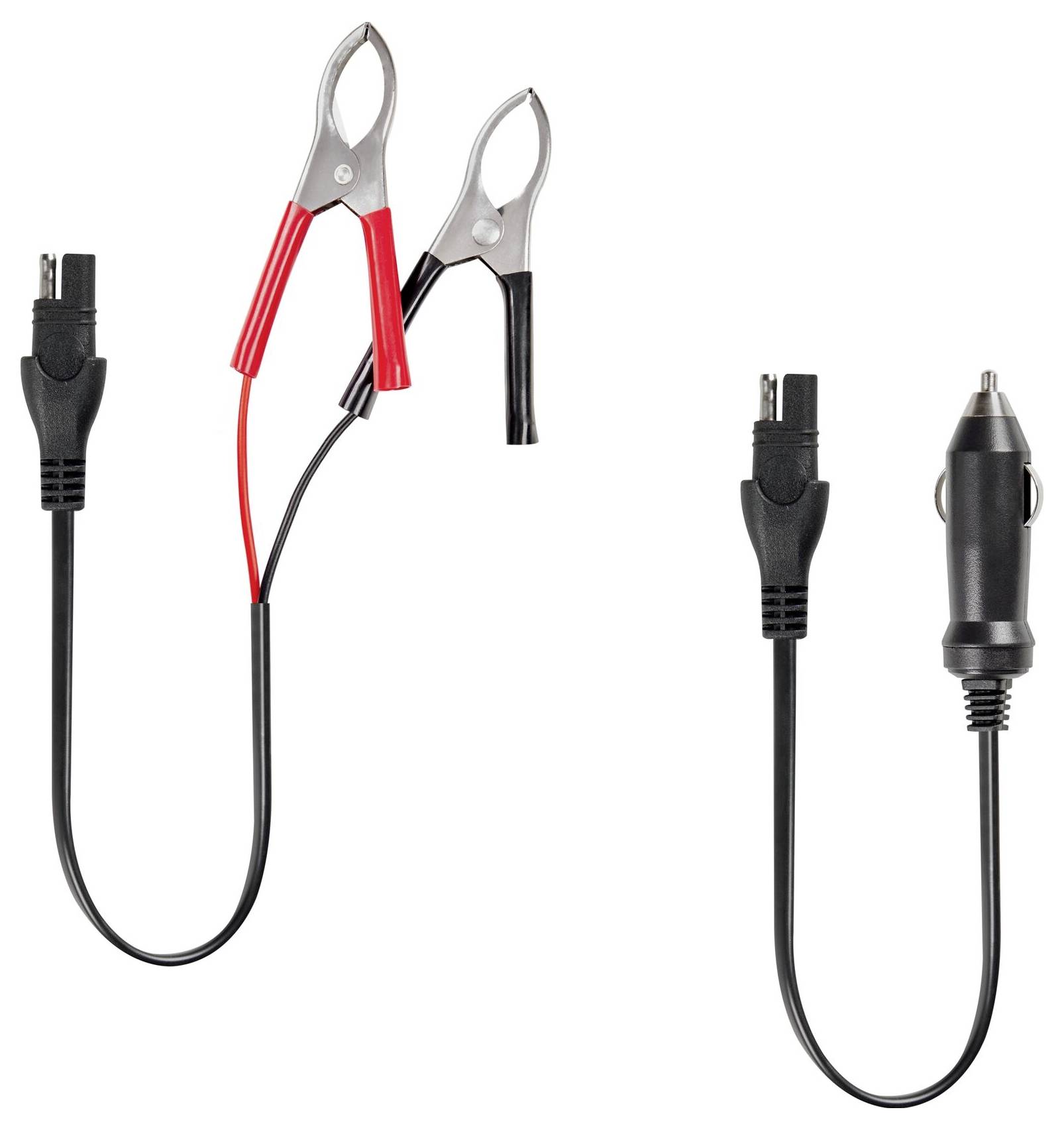 Zwei Kabel zum Überbrücken von Autobatterien: links mit Klemmen, rechts mit Stecker für den Zigarettenanzünder.