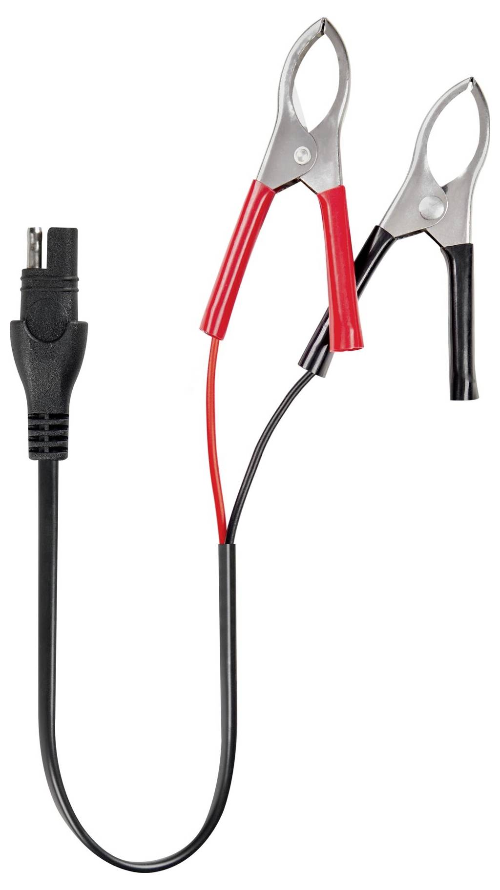 Starthilfekabel mit roten und schwarzen Klemmen, die an einem schwarzen Stecker befestigt sind.