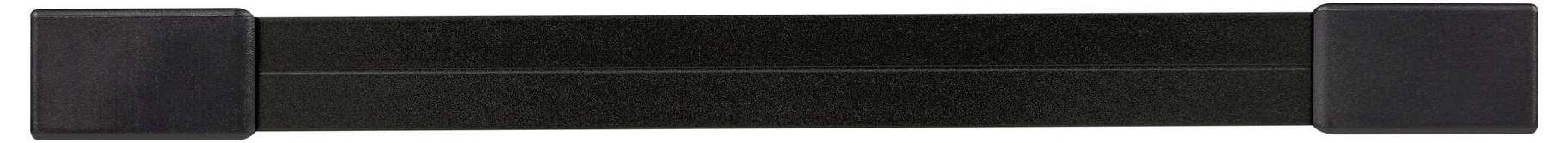 Schwarzes, rechteckiges Band mit zwei breiten Enden, wahrscheinlich ein Halter oder Spanner.