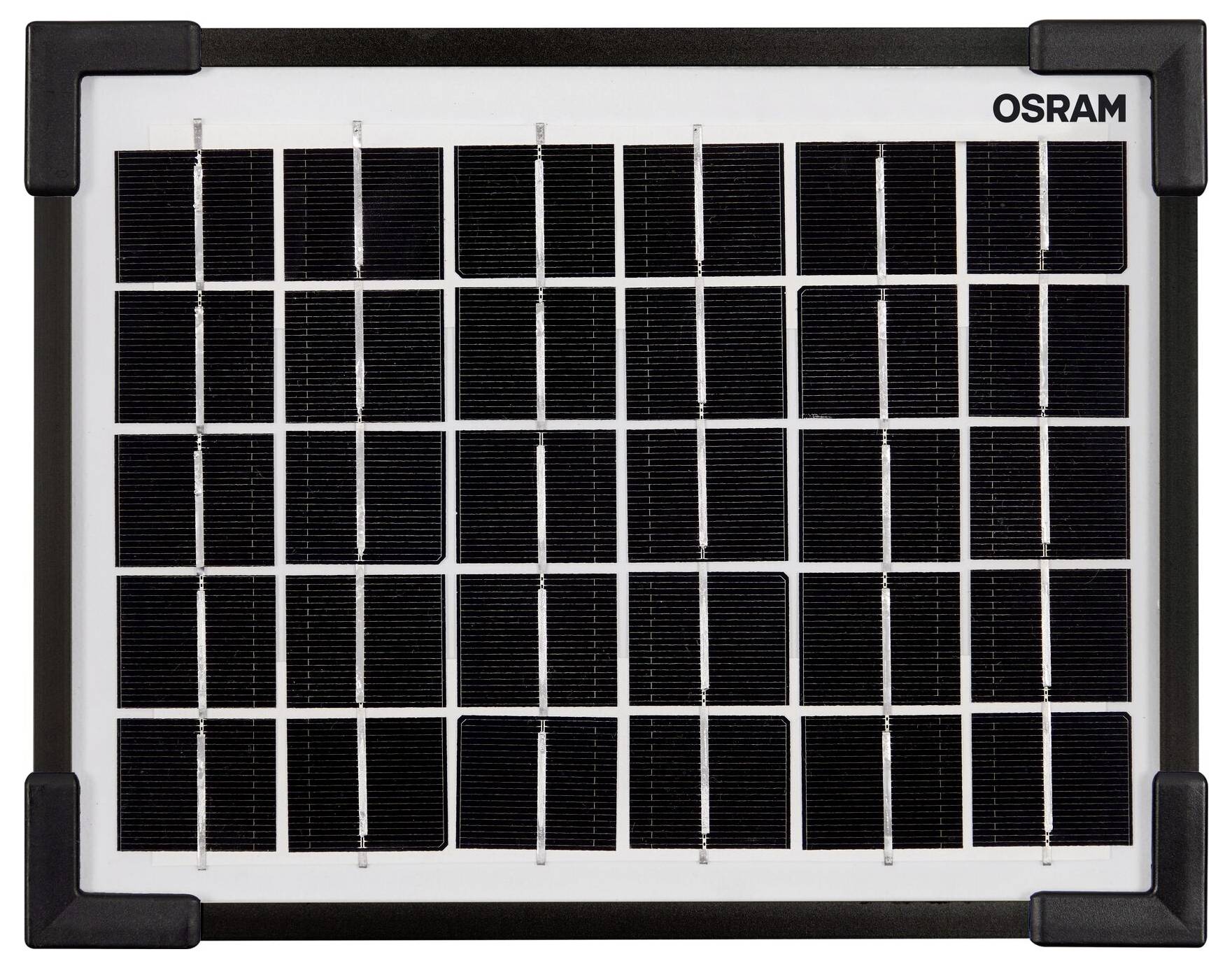 Ein kleines Solarmodul von 'OSRAM' mit 24 rechteckigen Solarzellen. Geeignet für die Erzeugung von Strom aus Sonnenlicht.
