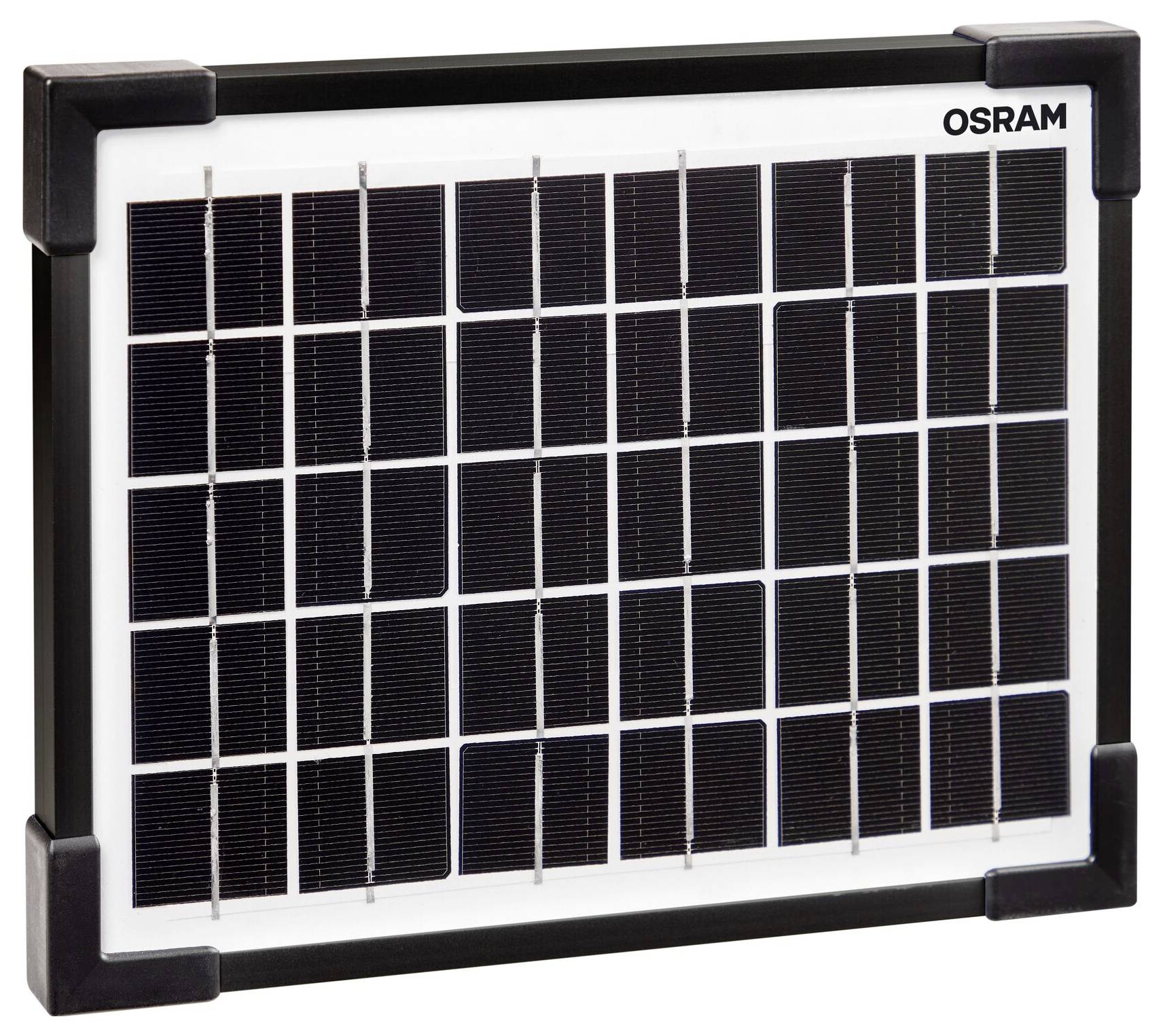 Ein rechteckiges Solarpanel mit mehreren schwarzen Zellen, umgeben von einem schwarzen Rahmen und weißen Rand, mit dem Logo 'OSRAM' in der Ecke.