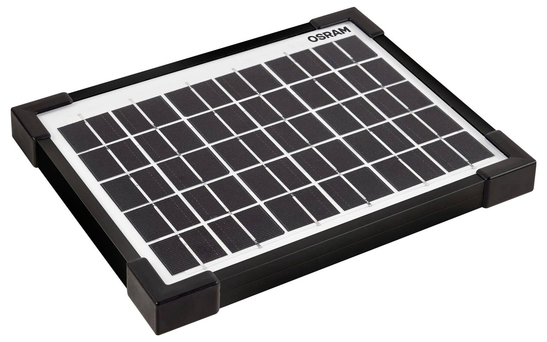 Solarmodul mit schwarzen Solarpanelen in schwarzem Rahmen, Marke oben links mit 'OSRAM' beschriftet, auf weißem Hintergrund.
