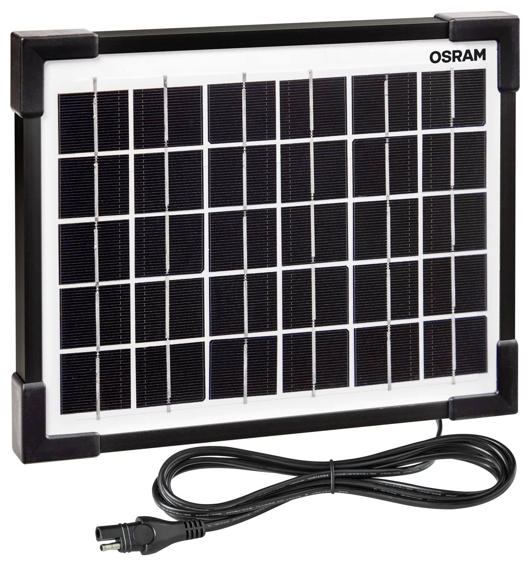 Ein kleines Solarpanel mit schwarzem Rahmen und schwarzer Zellenstruktur. Ein langes schwarzes Kabel ist darunter abgebildet.