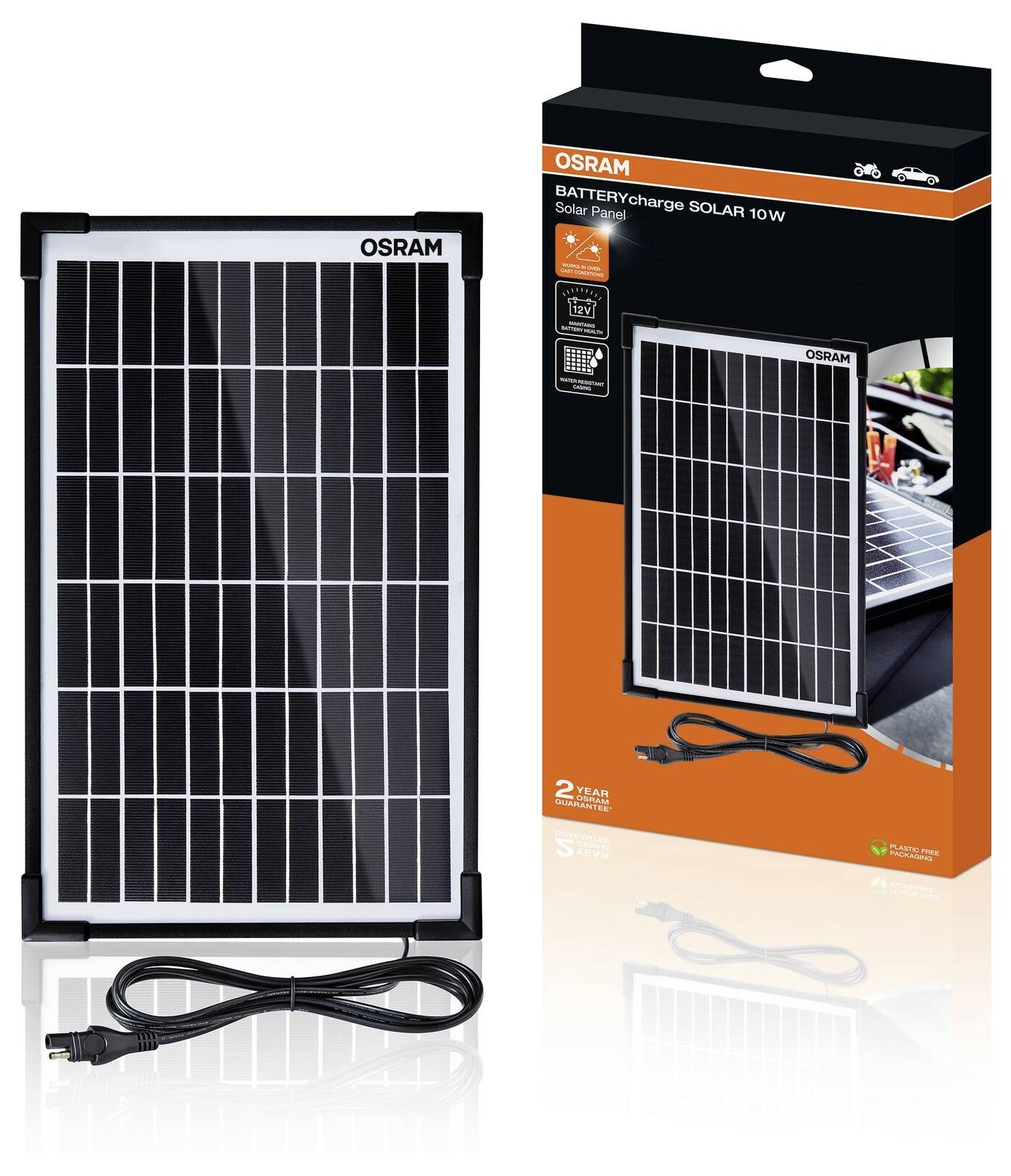 Solarmodul mit schwarzem Rahmen und Kabel neben einer orange-schwarzen Verpackung mit Produktinformationen und Markenlogo.