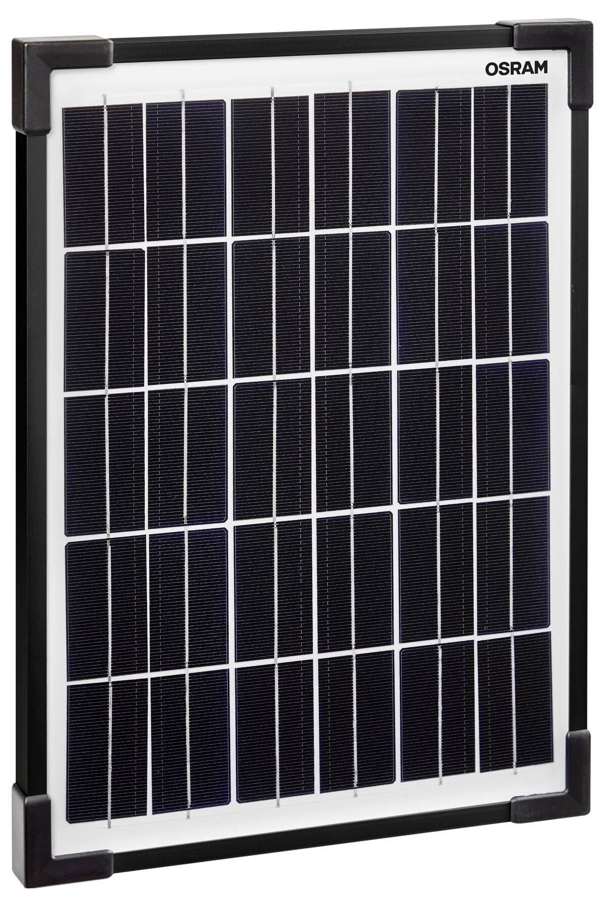 Ein rechteckiges Solarmodul mit mehreren dunklen Solarzellen in einem schwarzen Rahmen, Markenname 'Osram' oben rechts.