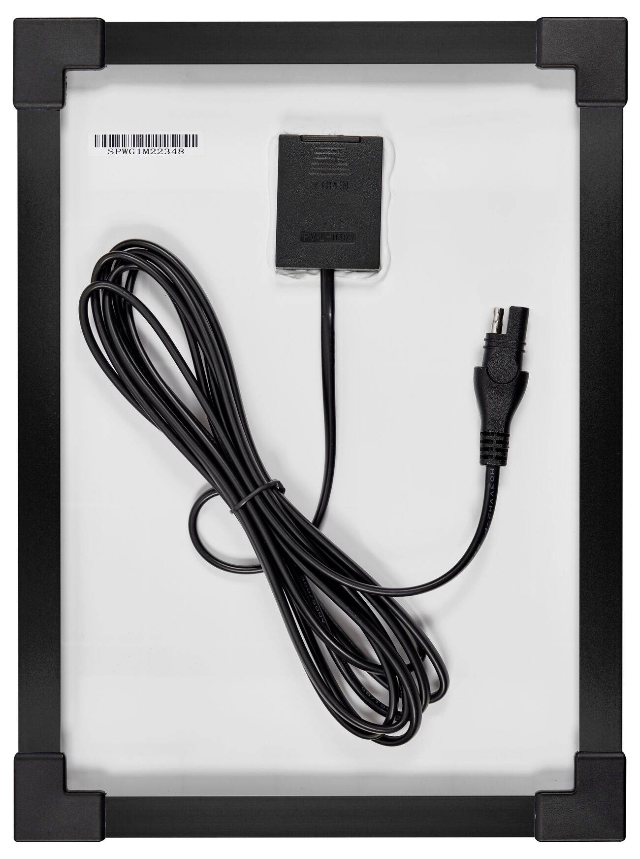 Ein schwarzes Kabel mit Rechteckstecker in einem schwarzen Rahmen; verwendet für elektronische Verbindungen oder Geräteanschlüsse.