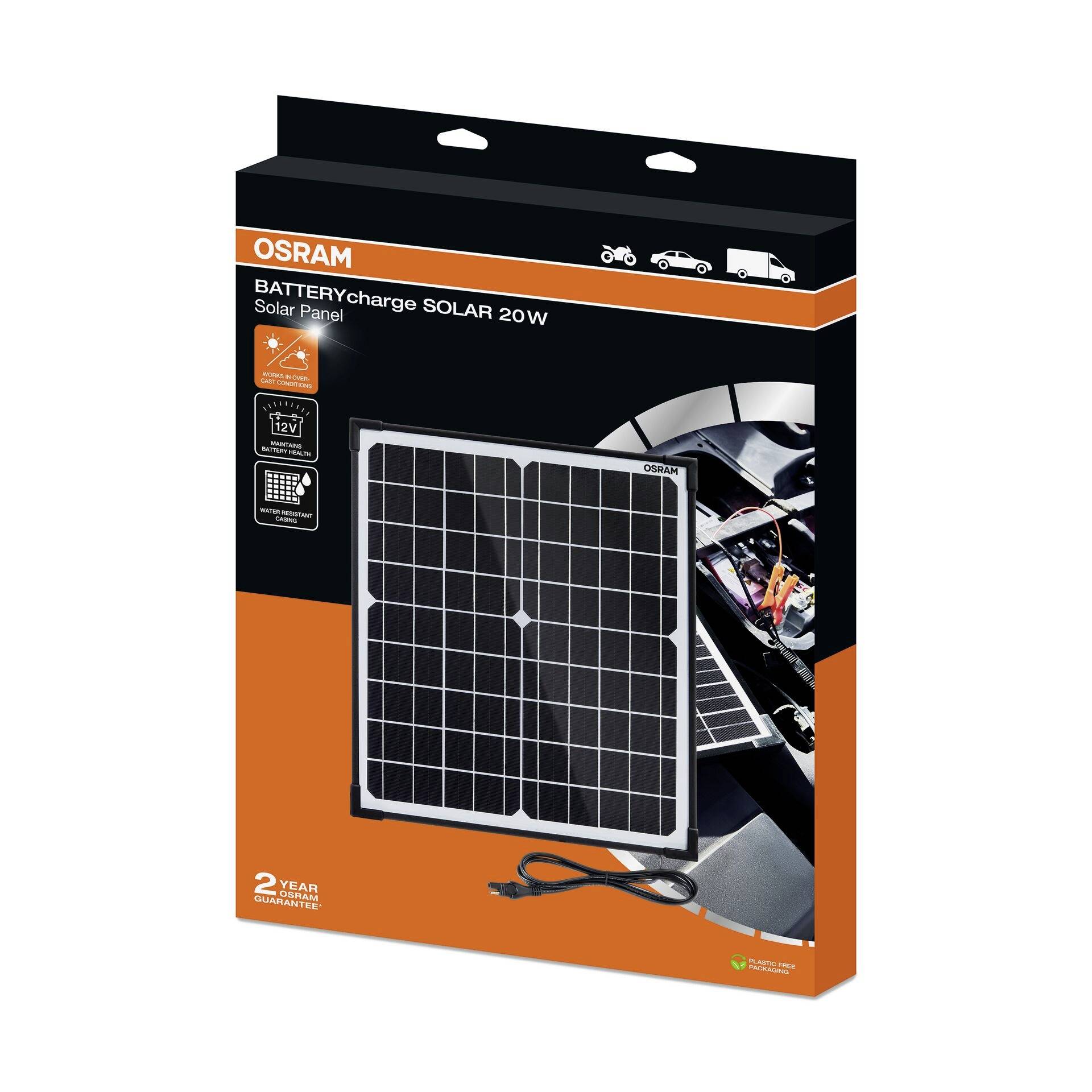 Verpackung eines OSRAM Solar-Panels mit 20W, geeignet für Auto- und Motorrad-Batterieladung. Enthält Kabel. 2 Jahre Garantie.