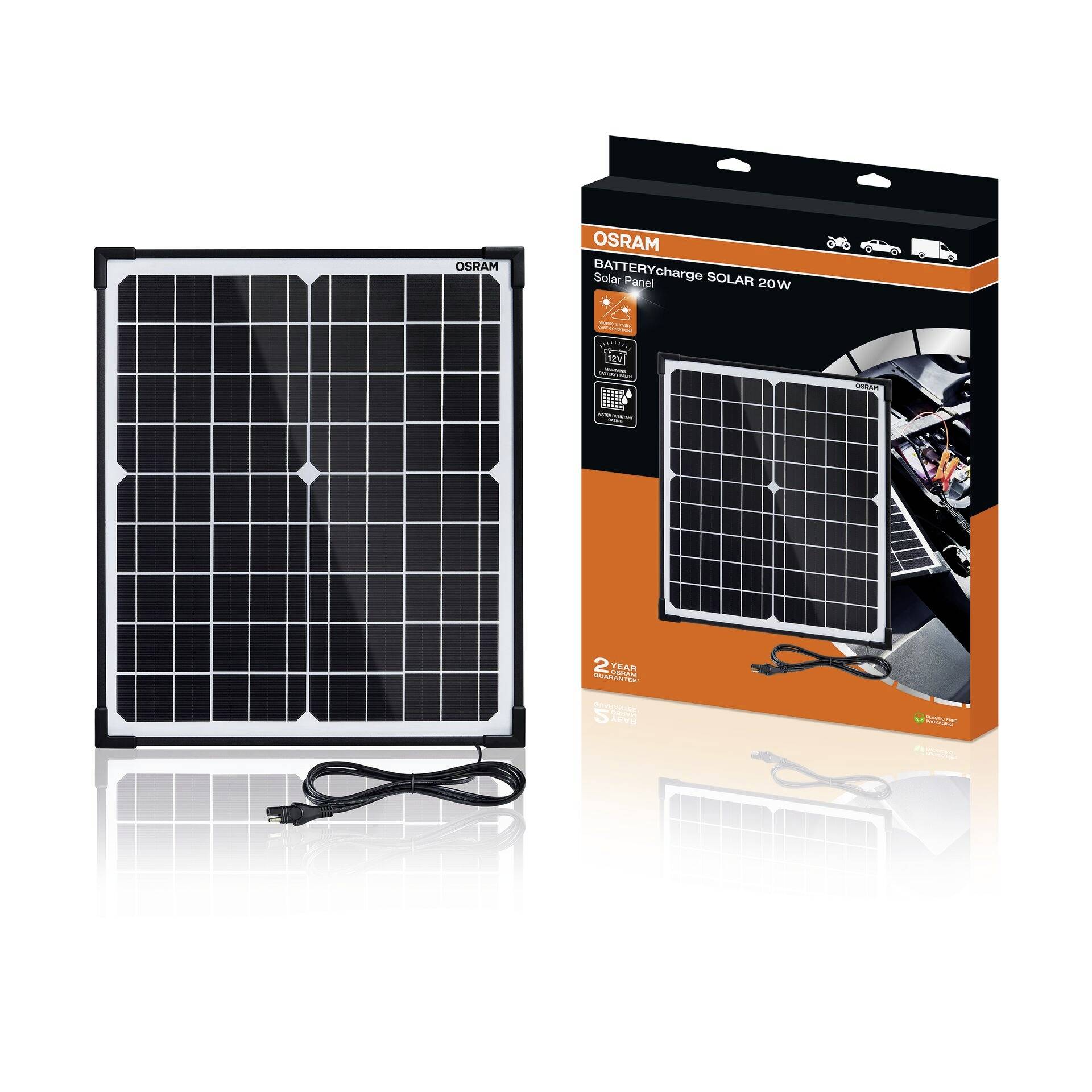 Solarmodul und Verpackung von OSRAM. Das 20W-Solarmodul lädt Batterien, geeignet für Autos und Boote. Kabel ist angeschlossen.