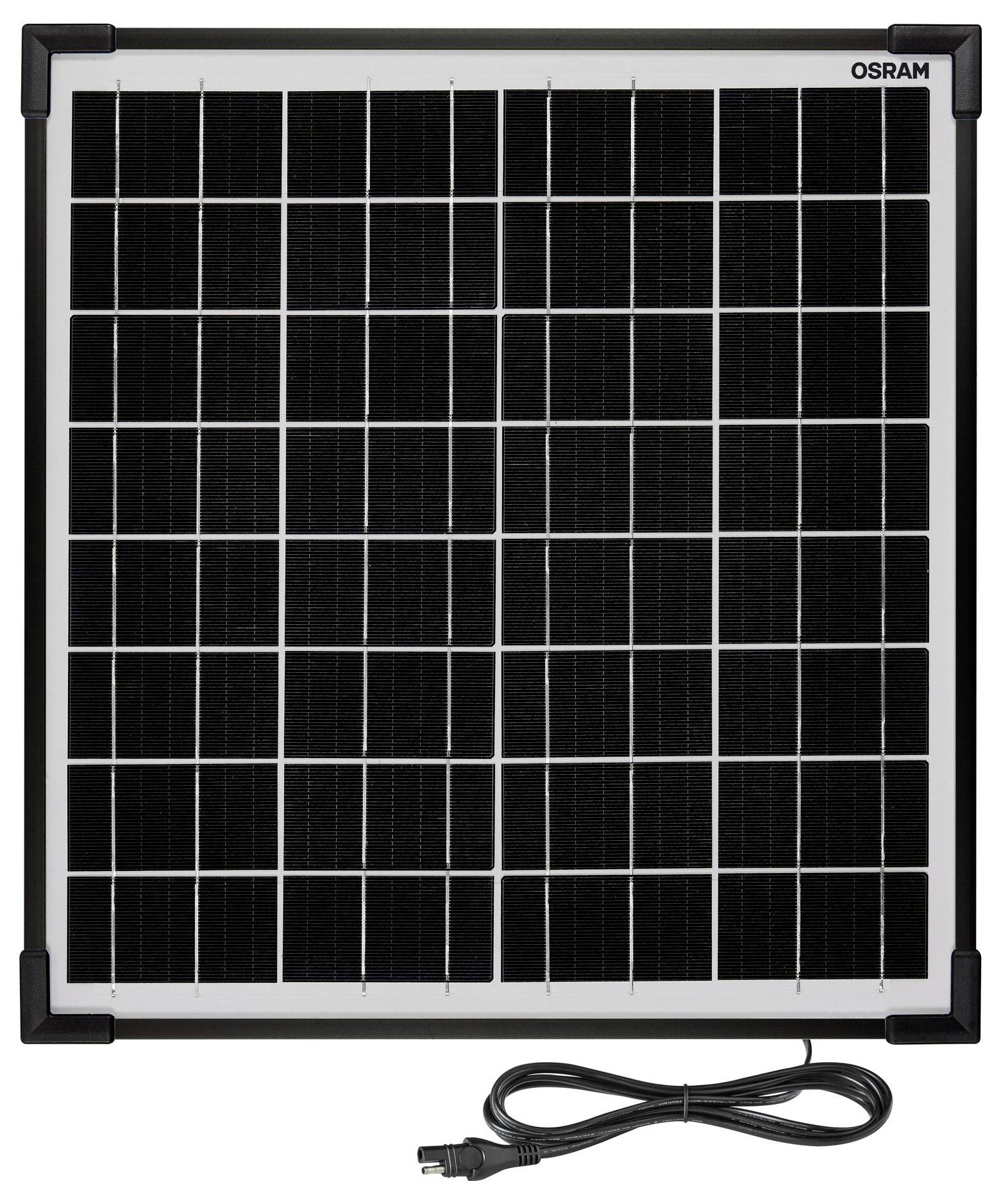 Schwarzes Solarpanel mit rechteckigen Segmenten auf weißem Hintergrund, darunter ein schwarzes Kabel mit Stecker.