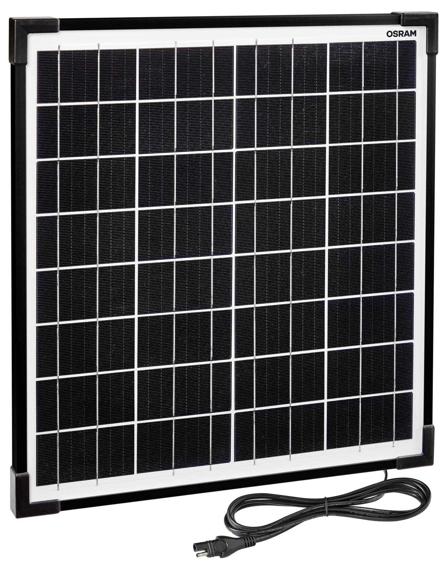 Ein quadratisches Solarmodul mit schwarzer Umrandung und mehreren Reihen von Solarzellen. Ein Kabel ist unten am Modul angeschlossen.