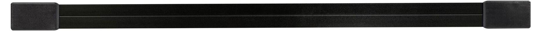 Schwarzer, rechteckiger Metallbalken mit schwarzen Endkappen, möglicherweise Teil einer Tragkonstruktion oder eines Geräts.