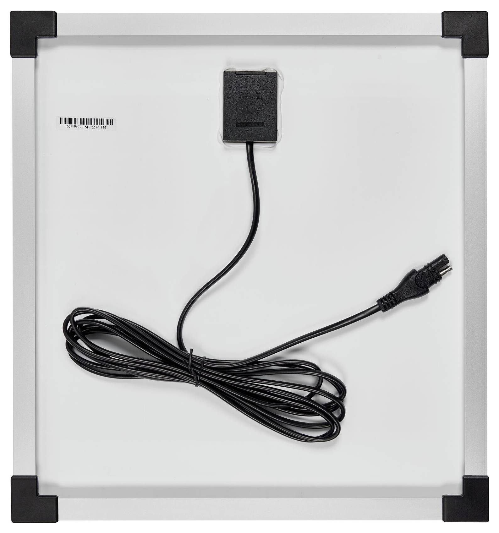 Ein quadratisches Solarpanel mit einem befestigten Kabel und Stecker auf der Rückseite, um Energie von der Sonne zu sammeln.