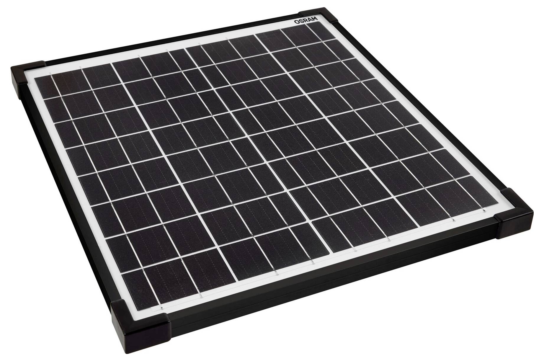 Ein quadratisches Solarmodul mit dunklen Zellen und weißen Trennlinien auf einem schwarzen Rahmen.