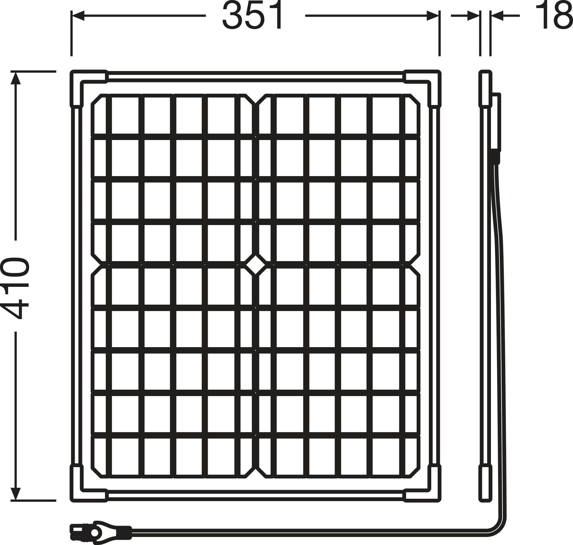 Technische Zeichnung eines Solarpanels mit den Abmessungen 351 mm Breite, 410 mm Höhe und 18 mm Tiefe. Kabel ist angeschlossen.