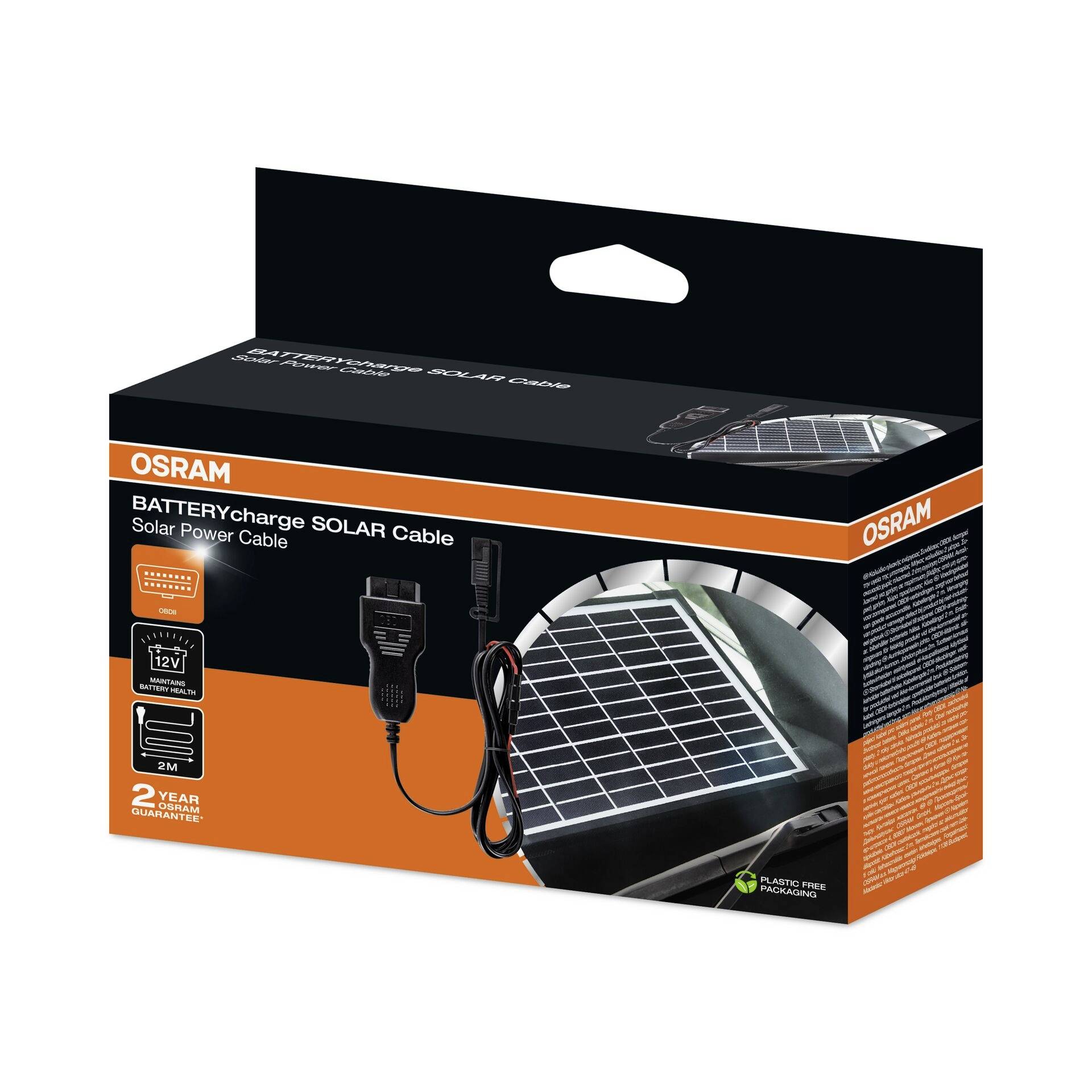 Verpackung eines Solarladekabels von OSRAM, zeigt ein Solarpanel und Zubehör. Text: 'BATTERYcharge SOLAR Cable', '2 Year Guarantee', '2m'.