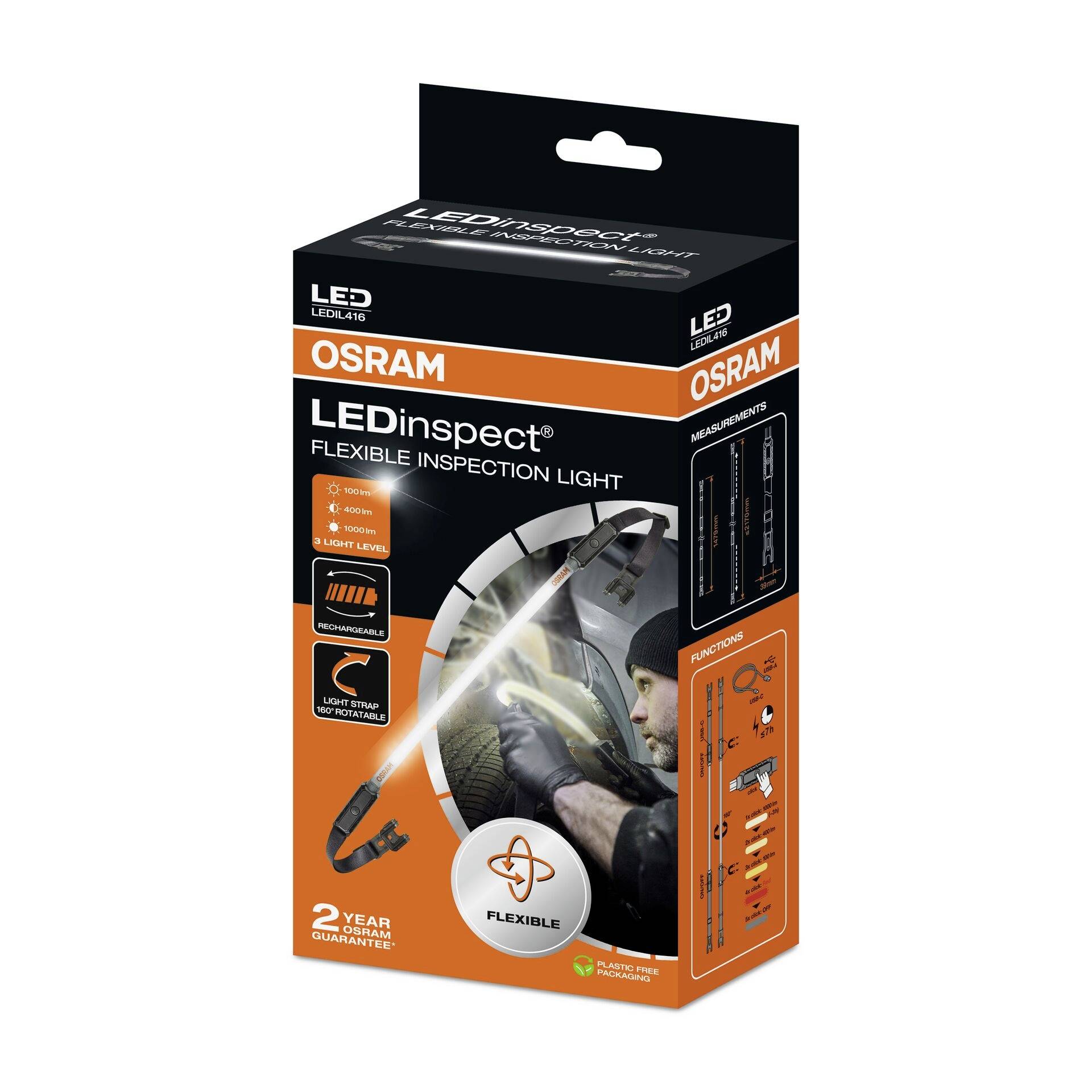 LED-Arbeitslampe in Verpackung mit dem Namen 'OSRAM LEDinspect FLEXIBLE INSPECTION LIGHT'. Produktabbildung zeigt Nutzung im Auto.